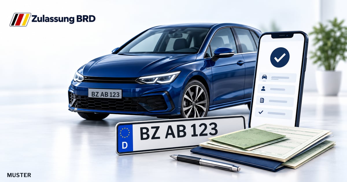 Online Fahrzeugzulassung in Hoyerswerda: Musterkennzeichen BZ AB 123, Auto und Fahrzeugpapiere und Smartphone. Illustration mit Logo von Zulassung BRD.